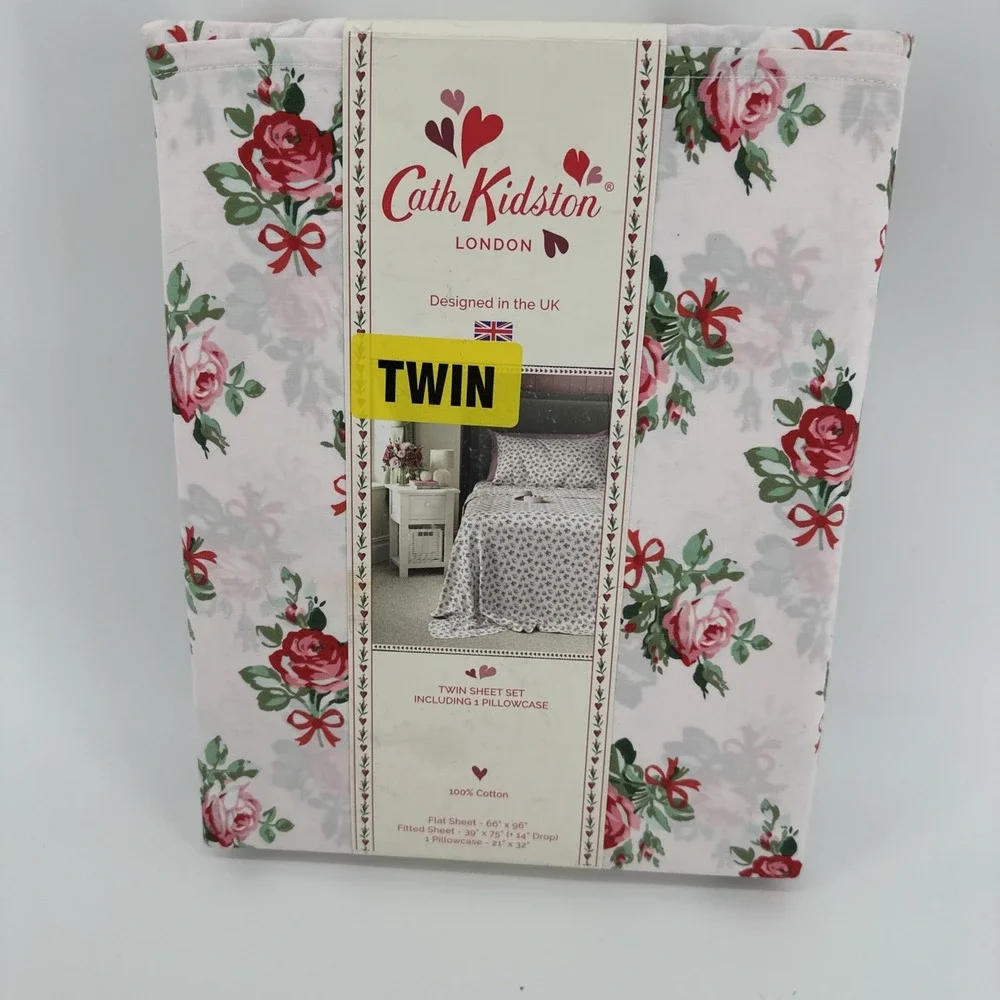 Cath Kidston TWIN Sheet Set Rose and Bow FLORAL 100% Cotton Percale 200 TC New‎